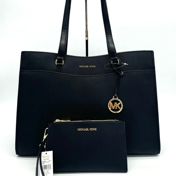 Michael Kors Large MF Pocket Shoulder Tote Bag & Double Zip Wallet Black/Gold